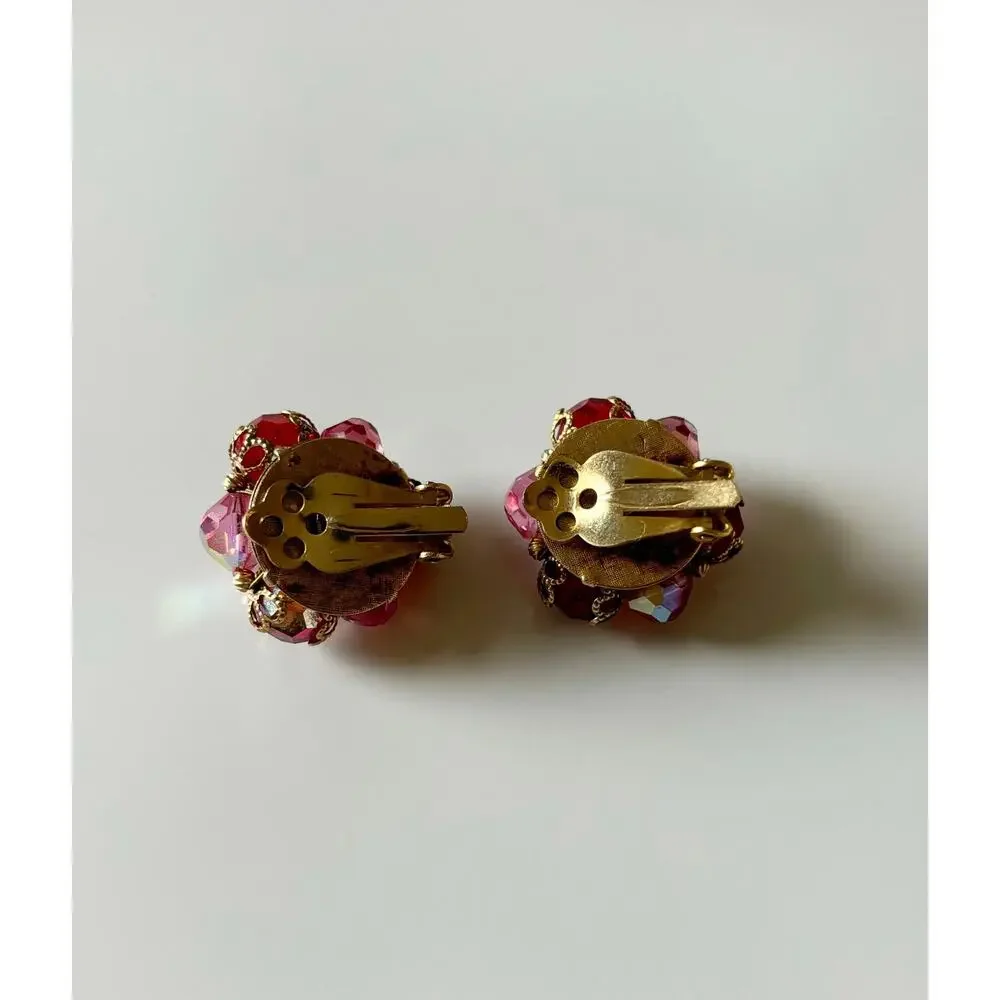 Vintage Cluster Jewel Clip On Earrings Red